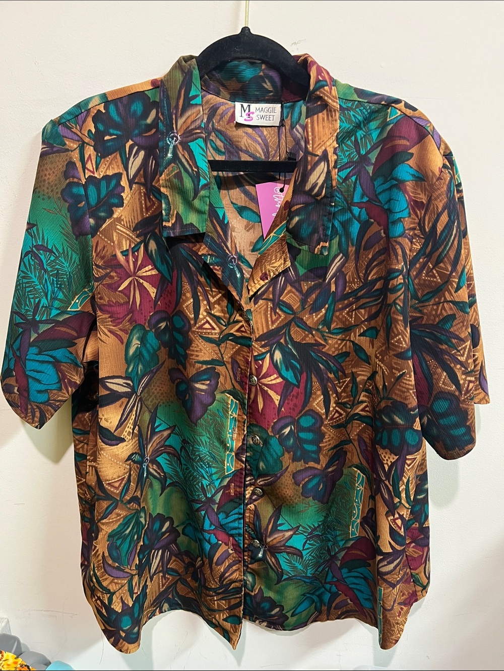 Maggie Sweet Women's Tropical Print Button-Down Shirt - Teal & Brown
